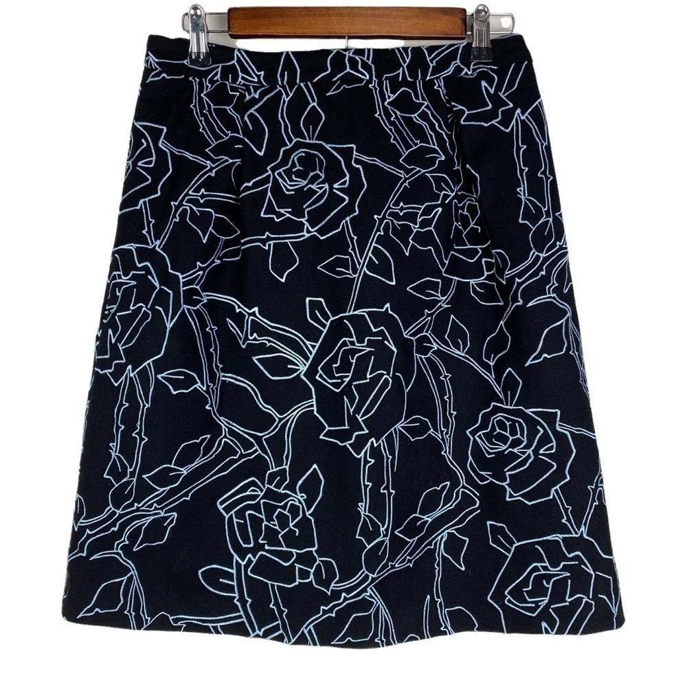 Helen Wang Embroidered Floral‎ Wool Cashmere Blend A-Line Skirt Women's 8 Black